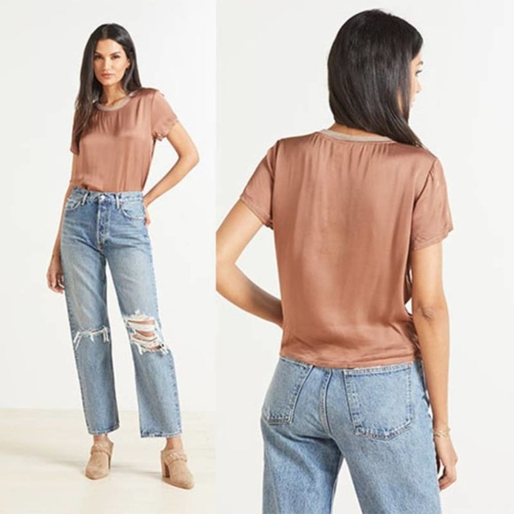 Nation LTD Marie Sateen Cropped Tee Top Women's Brown Size: Large NWOT